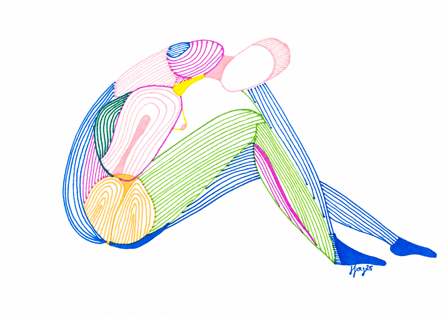 Dessin original de Jennifer Pirodon aux lignes colorées représentant deux formes enlacées